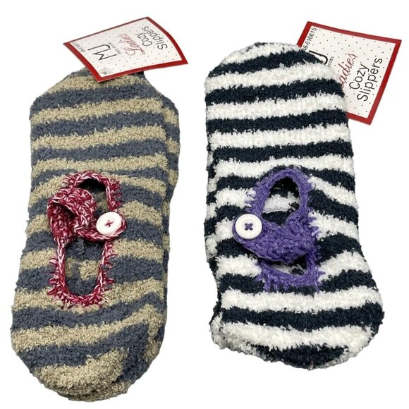 Molly Jacobs ladies cozy slippers gripper soles small 2 pair black/white new - Picture 1 of 8